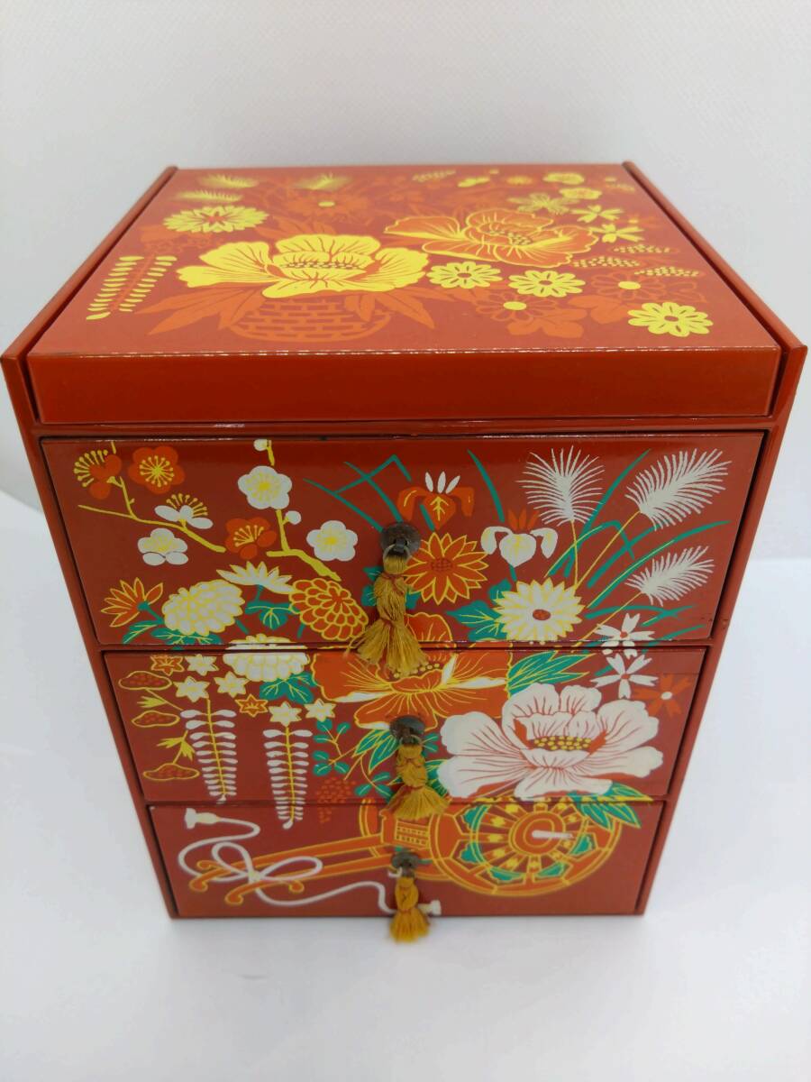 #3727 鏡台付 和箪笥 三段 化粧棚 漆器 木製箪笥 小物入れ 小箪笥 昭和レトロ