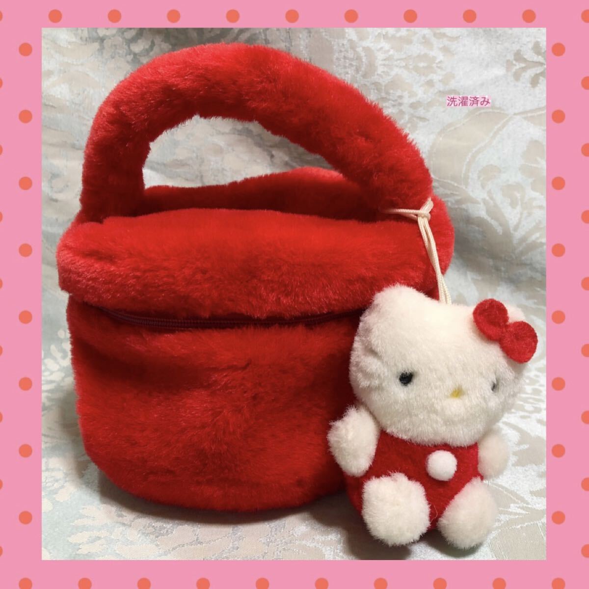 旧ロゴ レトロサンリオ HELLO KITTY マスコット付 ラウンドバッグ ポーチ ぬいぐるみ キティ ハローキティ サンリオレトロ バッグ 小物入れ