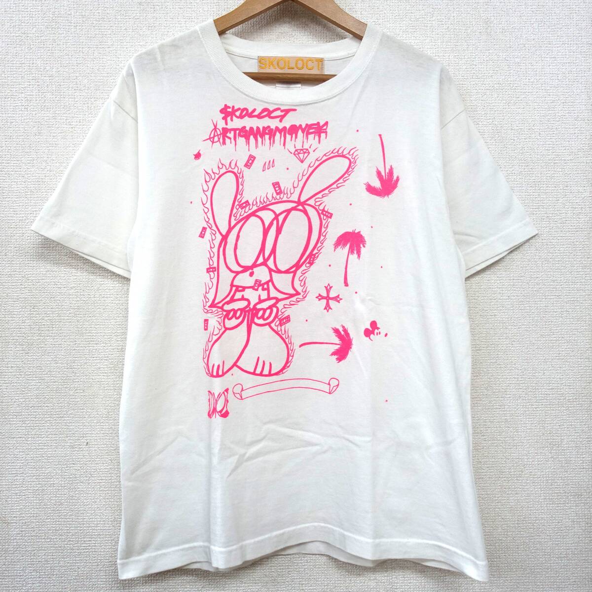 SKOLOCT スコロクト Tシャツ LARGE/L サイズ 蛍光ピンクライン ロゴプリント 裏原宿 ストリート 中野毅 メンズ/22532