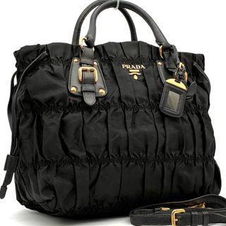 良品 PRADA プラダ テスート ゴーフル ギャザー ナイロン レザー 2way ハンドバッグ ショルダーバッグ トートバッグ ブラック 黒 ゴールド金具 A4 斜め掛け 白タグ ネームタグ付き レディース マザーズバッグ 通勤 通学 お出かけ 希少