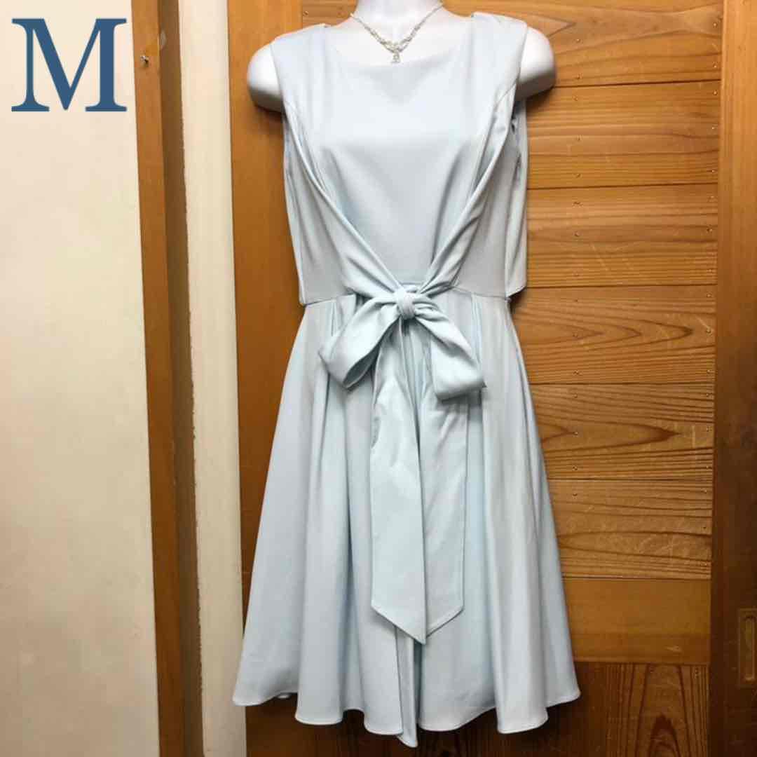 新品 ウエストリボンレースパーティードレス お呼ばれワンピース ライトブルー M未使用