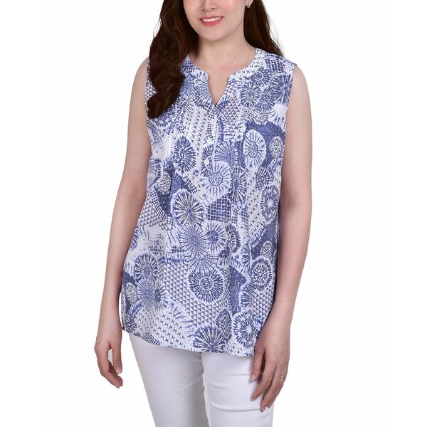 ニューヨークコレクション レディース カットソー トップス Women's Sleeveless Pintucked Blouse Blue Floral Stamp