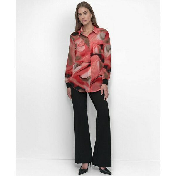 ダナ キャラン ニューヨーク レディース カットソー トップス Women's Button-Front Printed Chiffon Blouse Brushd Marble_ws