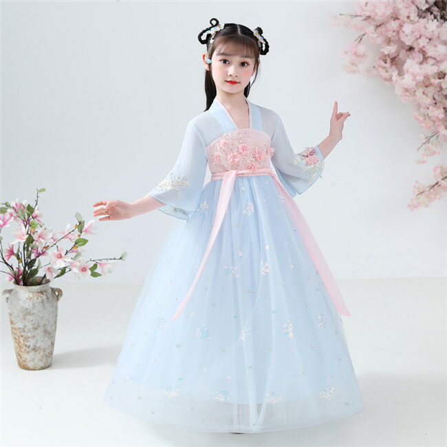 2色入荷　ワンピース 子供服 女の子 唐装漢服 キッズ ドレス舞台演出団体服 中国古代美人服 中華風 七分袖　袖あり ロング丈ワンピース ロングワンピース チャイナドレス　エレガント 民族風 コスプレウェア イベント学園祭文化祭写真撮影 110-160CM コスチューム　ダンス
