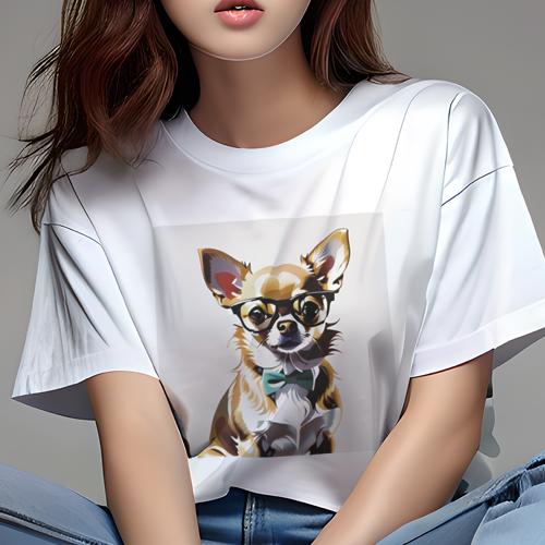 Tシャツ レディース 犬ファン 半袖 春夏 犬柄 プリント カジュアル かわいい 人間用 フィットネス ダンス メガネ チワワ 蝶ネクタイ