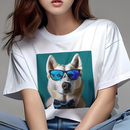 Tシャツ レディース 犬ファン 半袖 春夏 犬柄 プリント カジュアル かわいい 人間用 フィットネス ダンス サングラス シベリアンハスキー 蝶ネクタイ 青