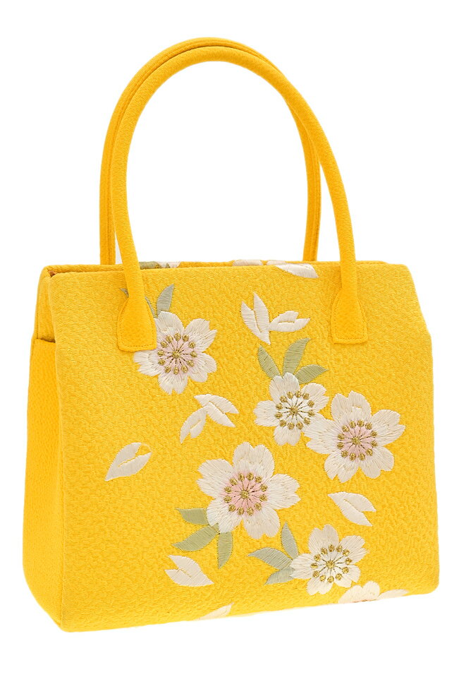 [京都富小路きねや] 和装バッグ 小町袋(四角) うずらちりめん地桜刺繍 黄