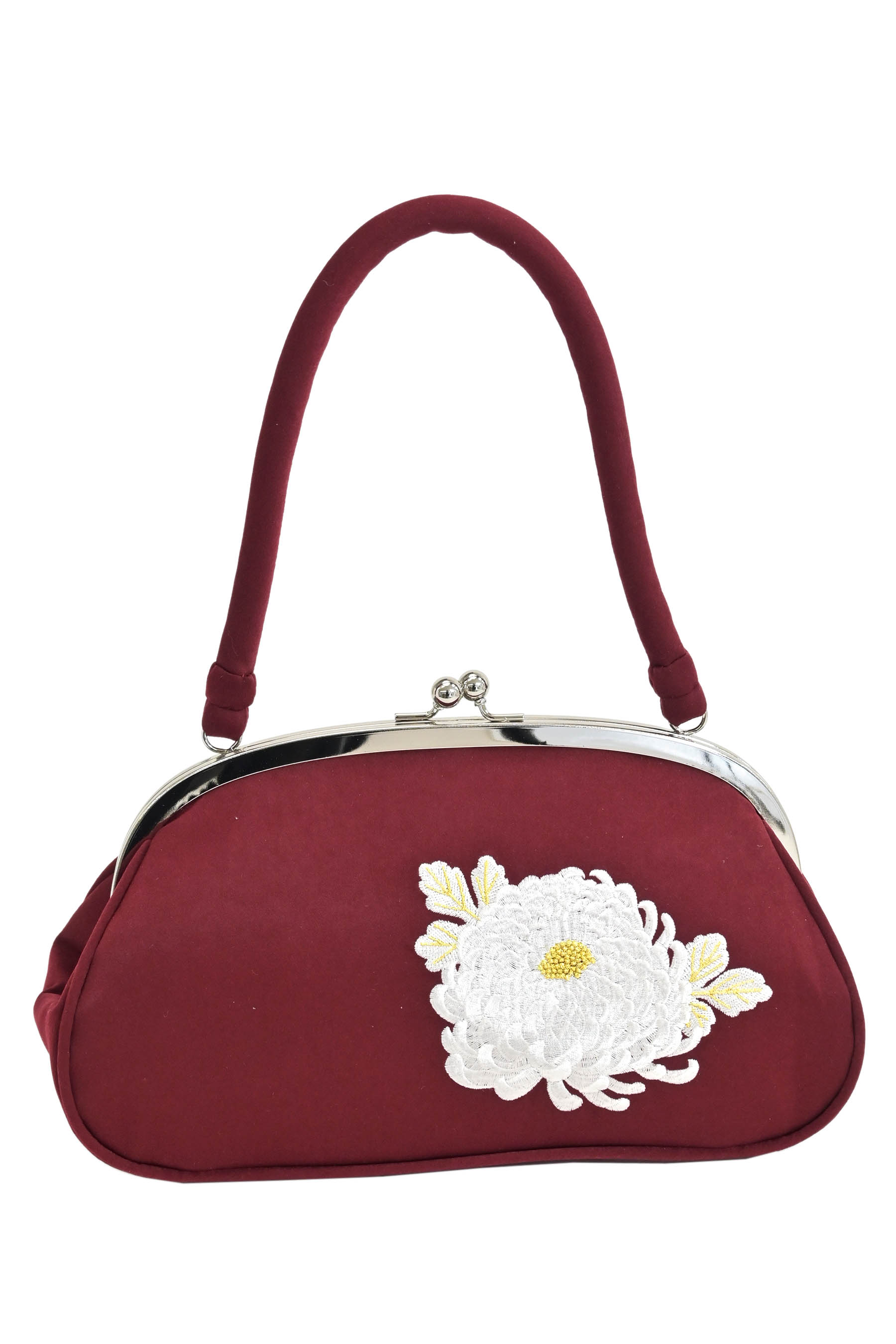 【スプリングバーゲン】 ●【お振袖・カジュアル用】 がま口刺繍バッグ 菊/ワインレッド 大人可愛い和モダンバッグ！